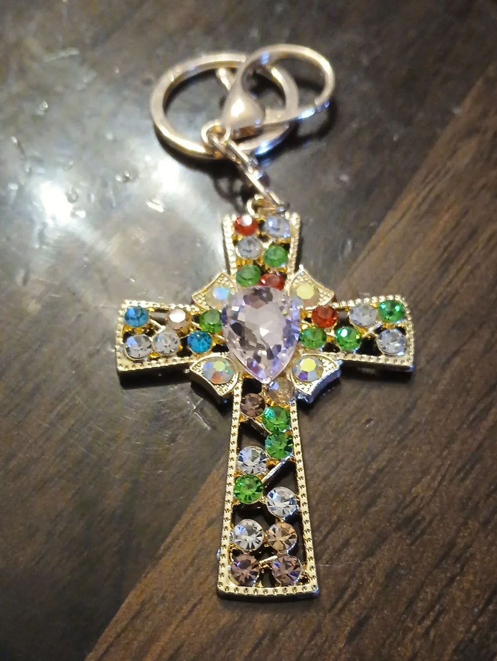 Gold-Tone Multicolor Crystal Cross Keychain